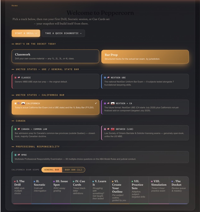 Peppercorn's Bar Prep track in dark mode, showing bar-exam tracks by jurisdiction